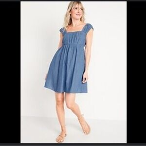 NWT Old Navy 2x Cap Sleeve Chambray Cutout Bow-Detailed Mini Swing Dress Coastal